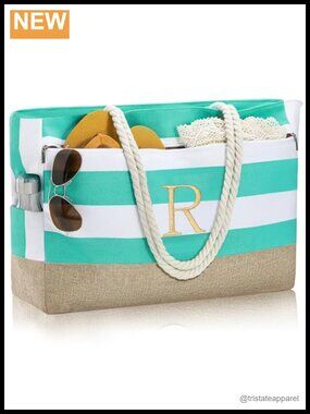 Large Initial Beach Tote Waterproof Zipper Bag Personalized Gift Travel